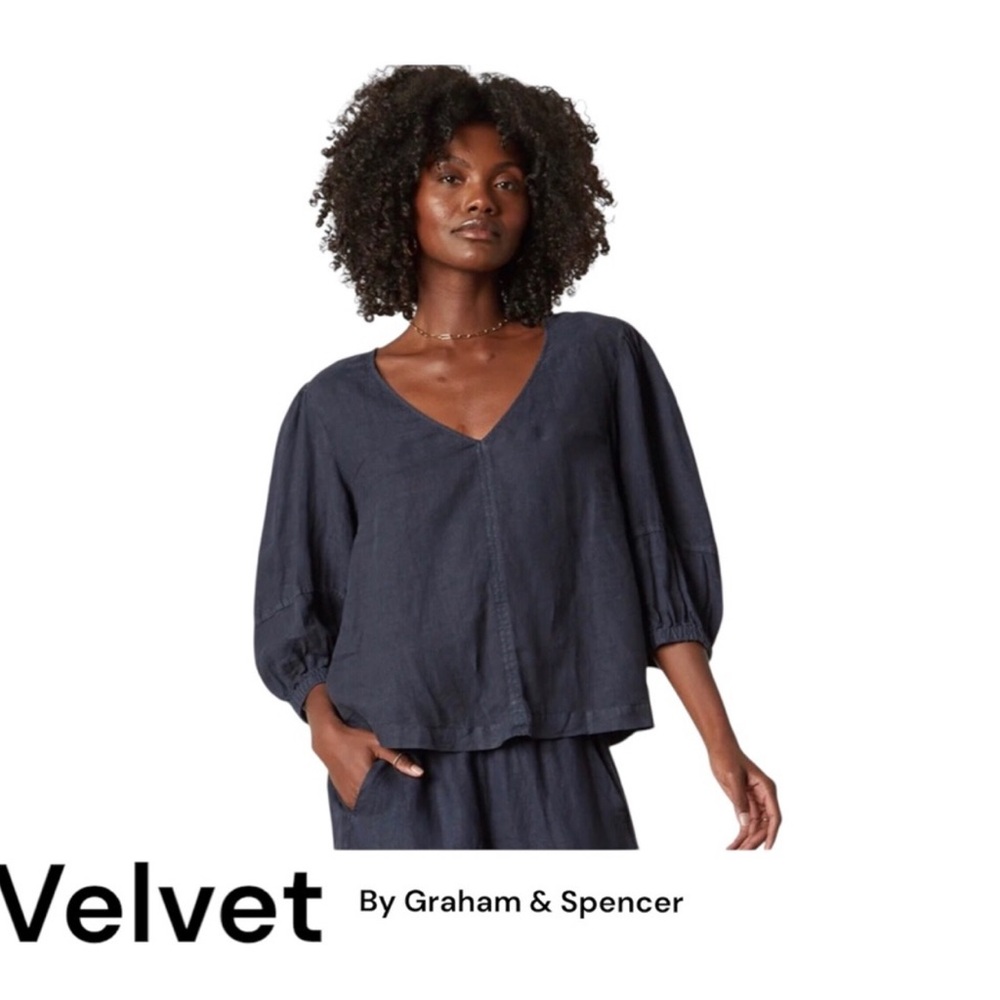 Velvet by Graham & Spencer Chelsea Linen V Neck Blouse Sz s Black NWT